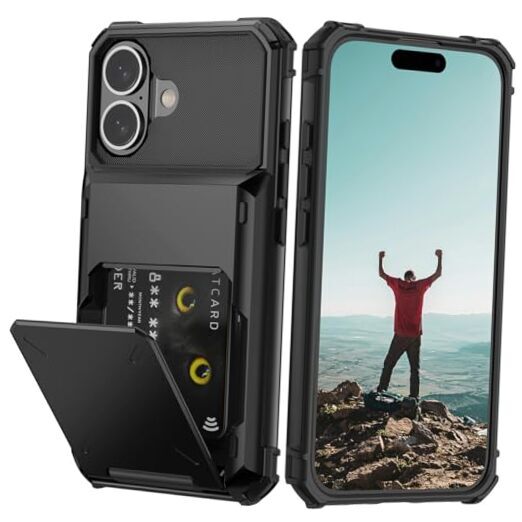 Compatible with iPhone 16 Case with Card Holder[Store 5 Black-Larger Storage