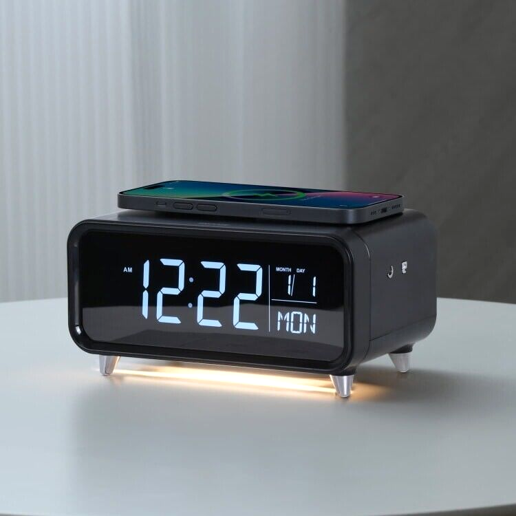 Goodmans Alarm Clock with QI Wireless Charging Nightlight LED Dimmable