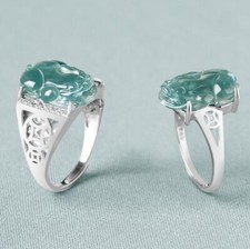 Certified Natural Grade A Jade jadeite Carved PiXiu S925 Silver Inlay Lucky Ring