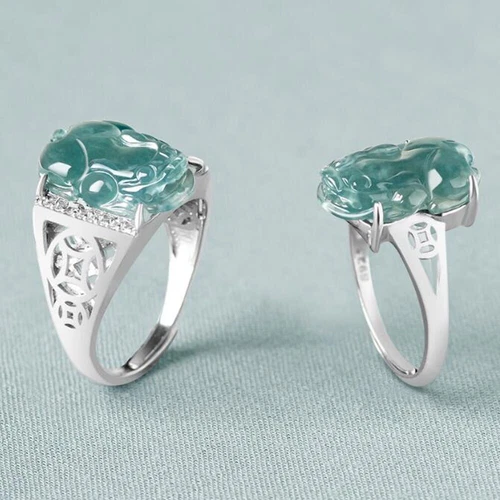 Certified Green Natural A Jade jadeite PiXiu Sterling 925 Silver Man Woman Ring - Picture 2 of 21