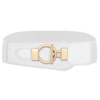 White Stretch Waist Belt for Women Fashion Gold Buckle Wide Belts