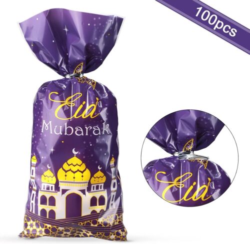100 Pcs Eid Mubarak Party Treat Bags, Ramadan Theme Printed Pattern Gift Celloph - Picture 3 of 6