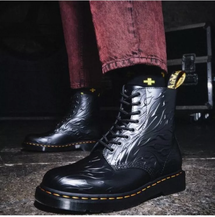 Dr. Martens 1460 FLAMES Emboss Leather Lace up Boots Black Size Women 5 US 36