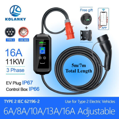 Mobile Wallbox EV Ladegerät 11kW Typ 2 5/7m Ladekabel 5-poligen TUYA APP