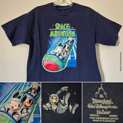 Disney SPACE MOUNTAIN Navy Blue ~S T-Shirt. Astronauts Mickey Pluto Donald Goofy