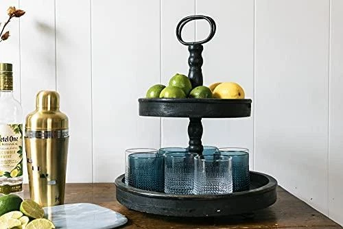 Creative Co-op EC0112 Distressed Wood 2-Tier Tray with Metal Handle, Black - Image 2 of 4