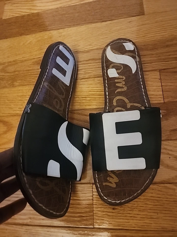 Sandalia mujer Sam Edelman negra/blanca con logotipo Gio sin cordones de cuero talla 7,5/usada en excelente estado Foto 3 de 4
