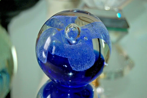 Vintage Glass Ball Hand Blown Paperweight Blue Flower Controlled Bubble 2 3/4"