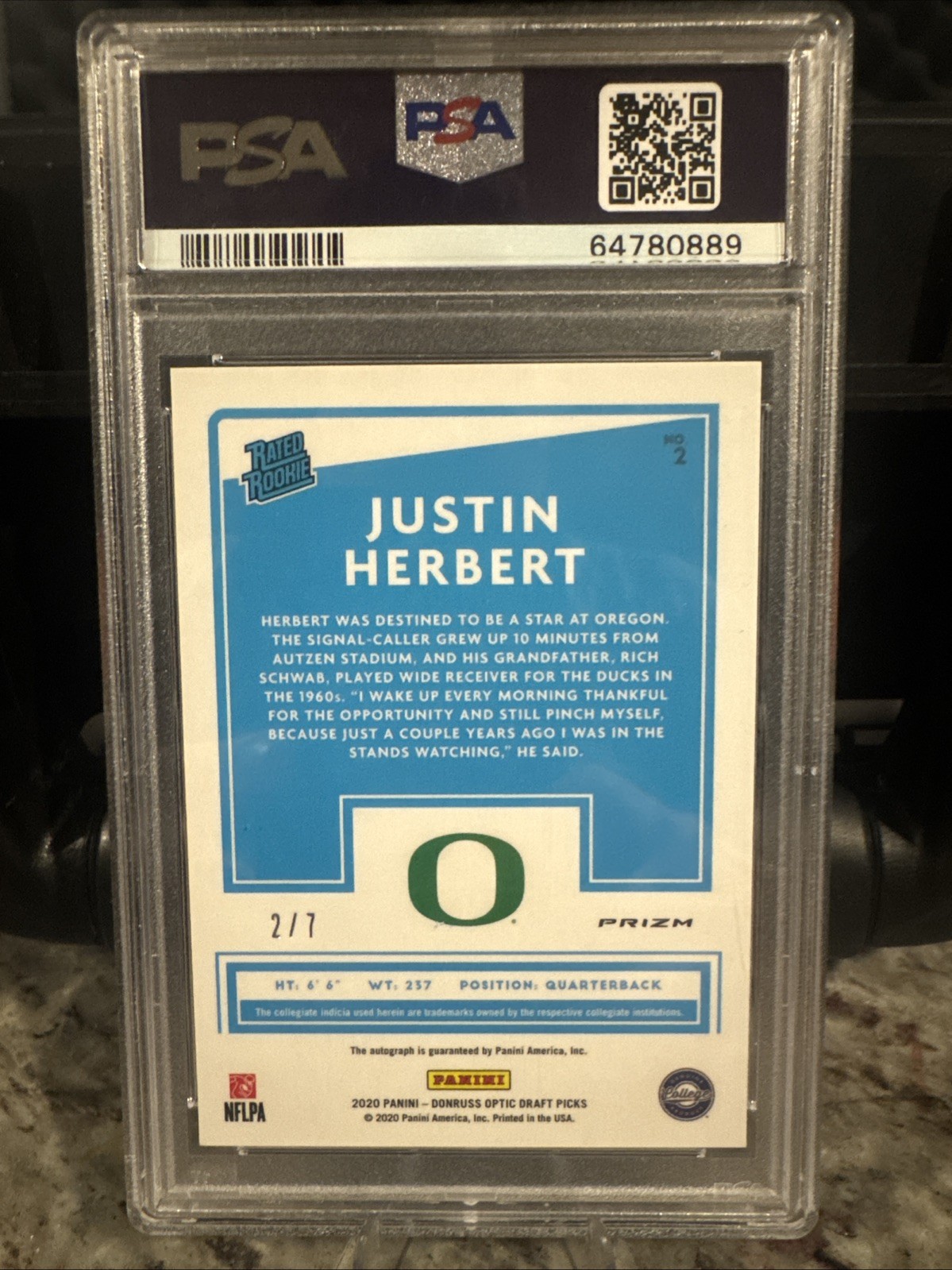 2020 Panini Chronicles DP Justin Herbert Donruss Optic AU Gold Vinyl  2/7 PSA 10 view 2