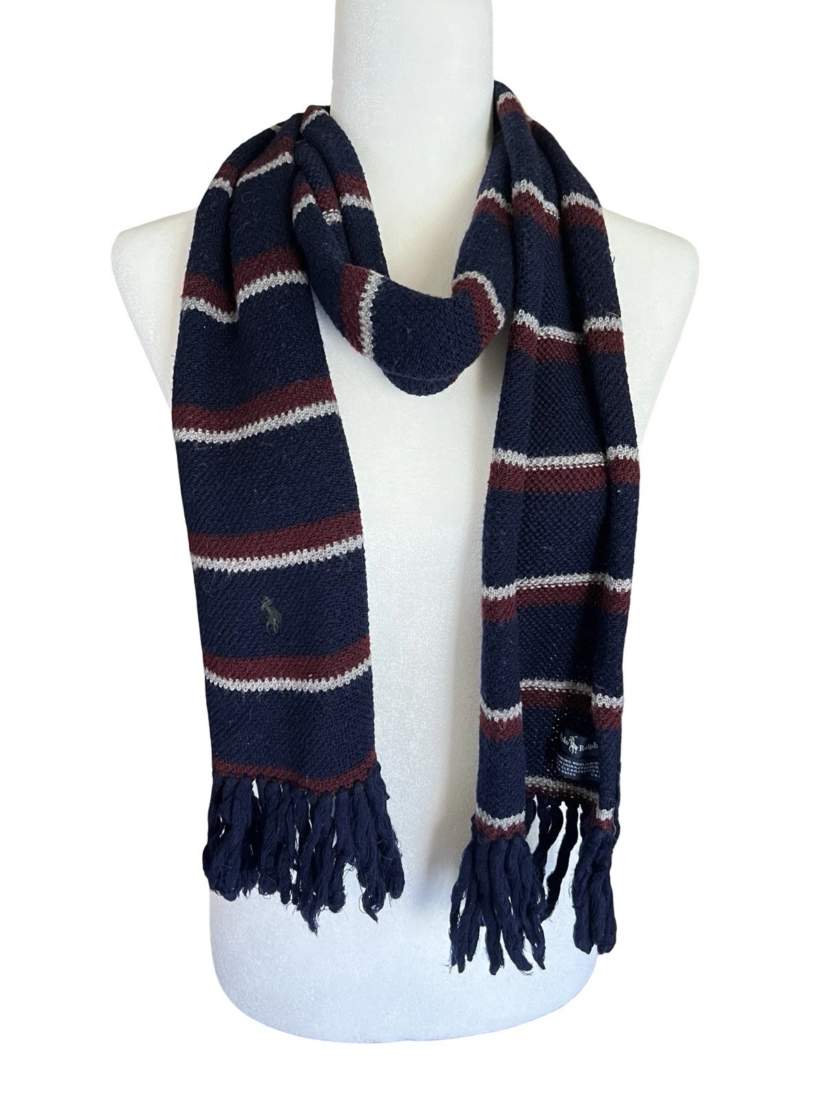 VTG POLO RALPH LAUREN 100% Merino Wool Striped Scarf Logo Blue Classic Luxe Prep