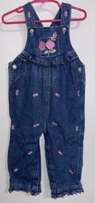 Vintage Girls 24 Months 80s 90s Denim Overalls Pink Roses Floral Ruffle