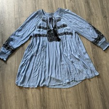 Free People Wind Willow Mini Dress Womens L Blue Embroidered Boho Smocked Tunic