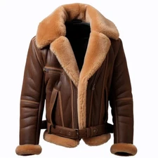 Men's Brown Flight Fur Shearling Jacket Genuine Lambskin Leather Rider Jacket
