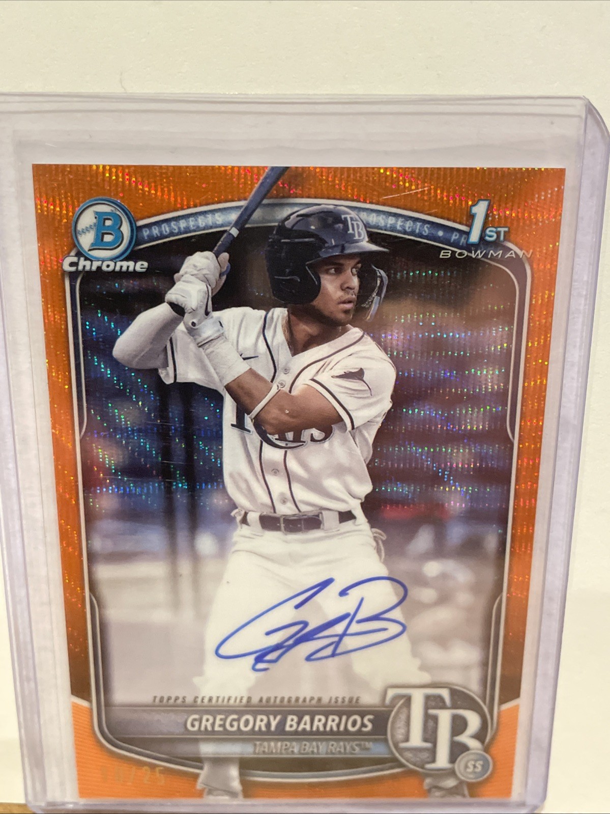 2025 Bowman Chrome Gregory Barrios Auto Orange Wave /25 1st Prospect