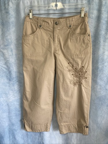 Vintage 90s Y2K Basic Editions Embroidered Khaki Capris Womens Small 100% Cotton