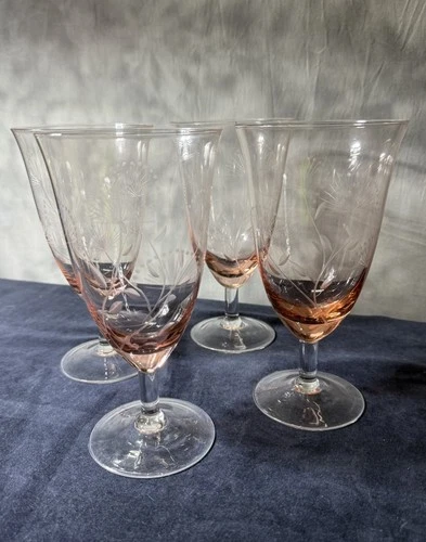 Vintage Pink Depression Glass Water Goblets- Tiffin "Blanche" Pattern- Set of 4