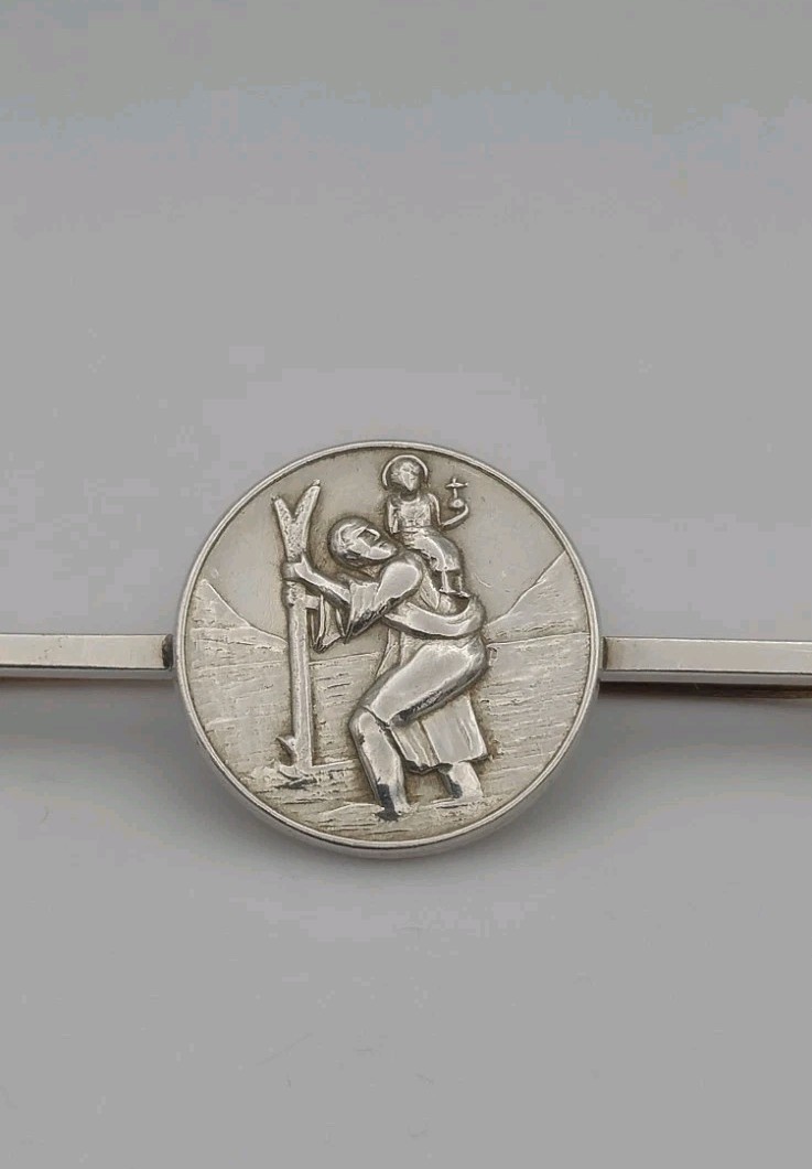 Vintage Solid Silver St Christopher Bar Brooch - image 2