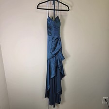 Teal Blue Satin Ruffle Mermaid Gown Corset Back Formal Dress SZ4