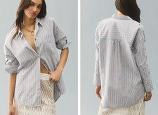 Anthropologie NWT Women's XL Pilcro "Button-Sleeve Button Down" Shirt in Blue
