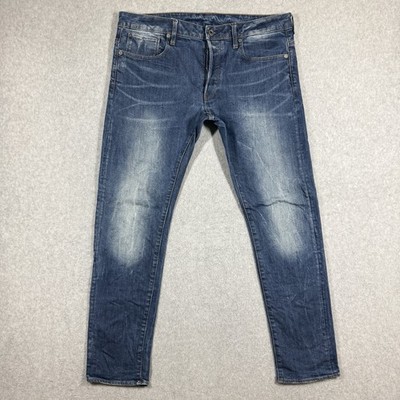 G Star Raw Jeans Mens 34x32 3301 Slim Stretch Denim Crazy Wash Whiskered Faded