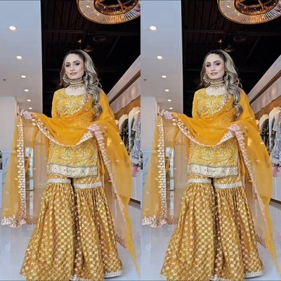 Function Wear Heavy Chinon Silk Kurta Palazzo With Dupatta For Women