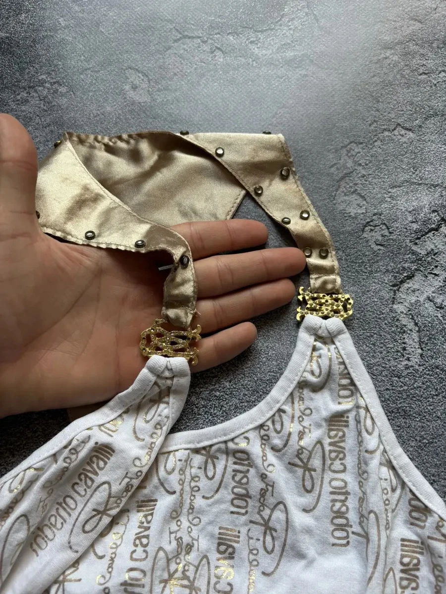 Vintage Roberto Cavalli Y2K McBling White Gold Logo Halter Tank Top