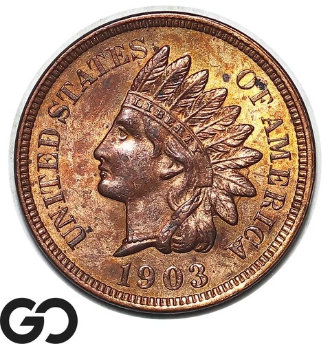 1903 Indian Head Cent Penny, Red Brown, 4-Full Diamonds, Solid Gem BU++ RB
