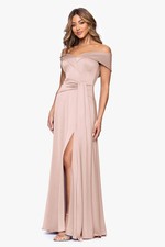 XSCAPE "May" Satin Draped Off Shoulder Gown Blush 7089X MOB Gala Formal sz 14