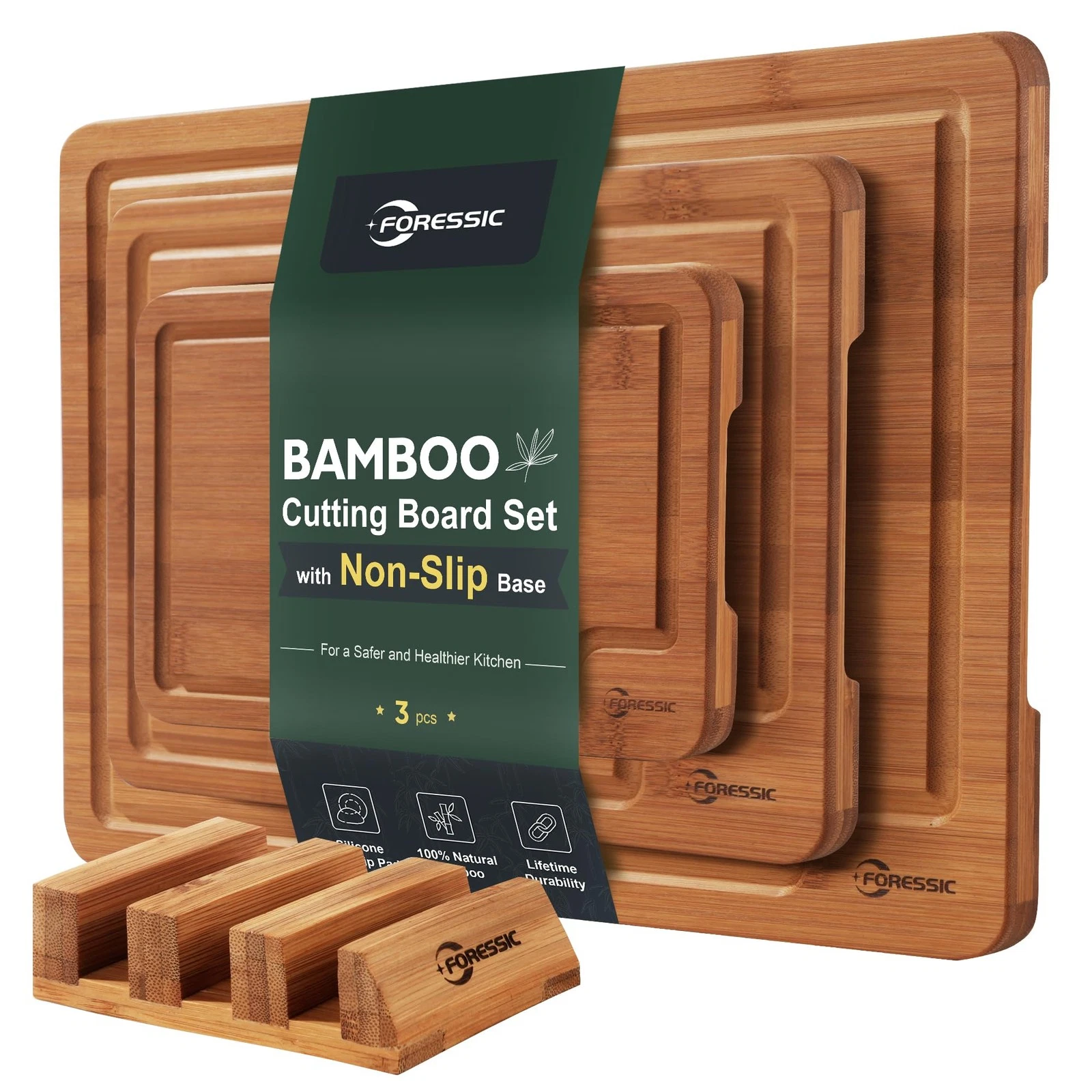 Bamboo Cutting Board, Non Slip Wood Cutting Boards for Kitchen 3 Packs Holder...
