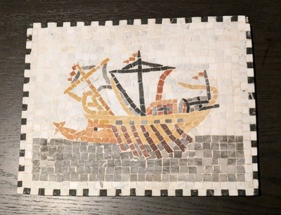 Handmade Roman Ship Mosaic Wall Art - Stone Tesserae - 10'' x 13'' Mediterranean 