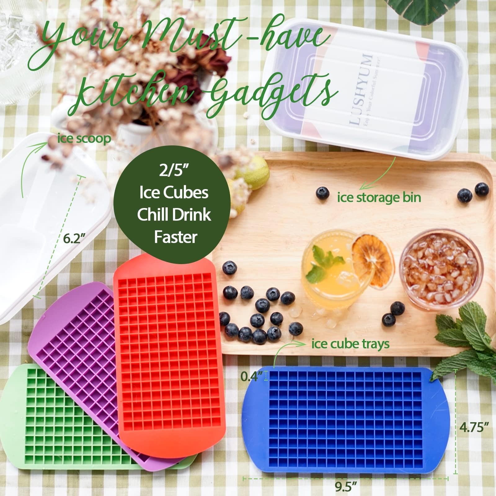 Mini Ice Cube Trays for Freezer with Bin and Scoop, Cube, Multicolor 