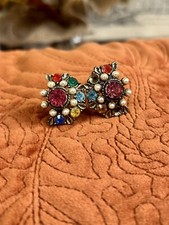 Vintage Cora Clip On Earrings Multicoloured Gemstones & Pearls
