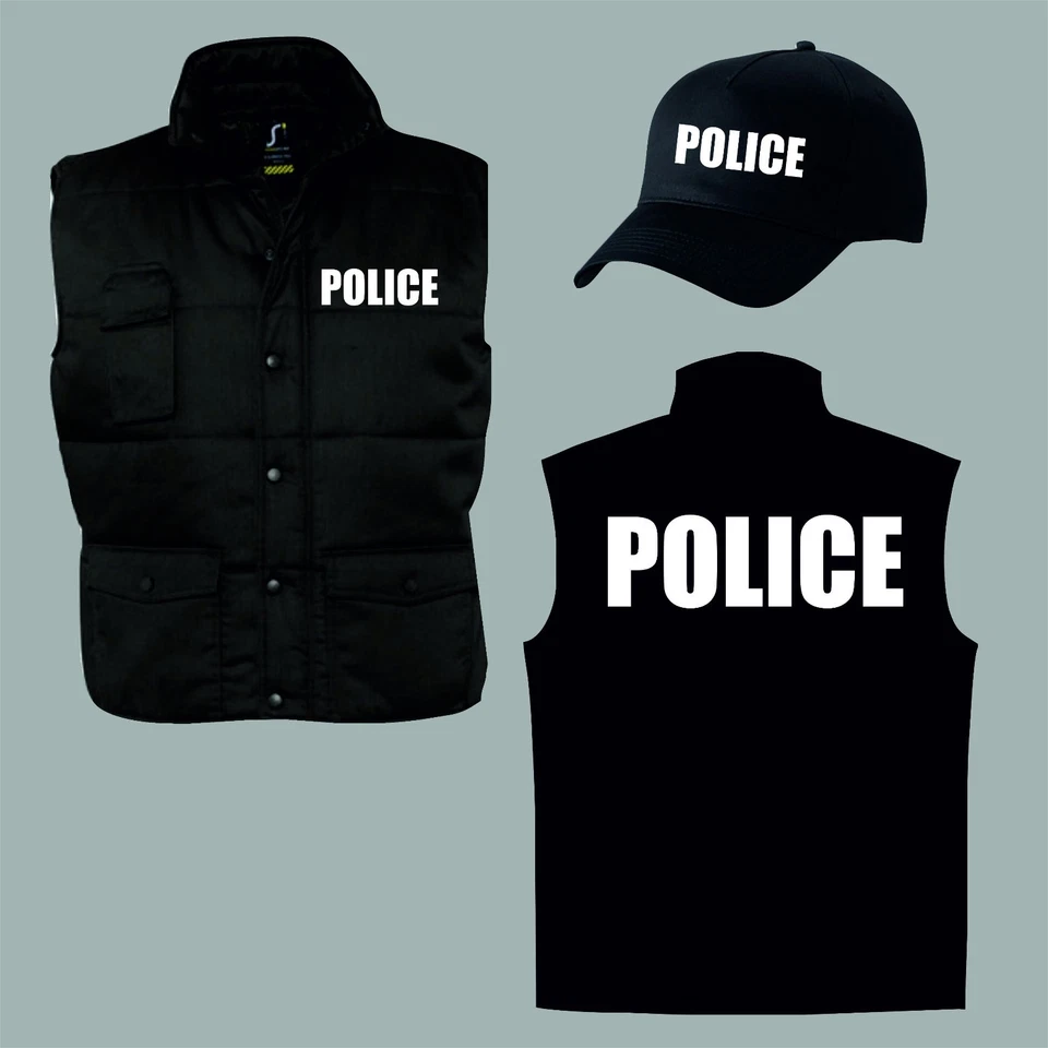 SOLS Police Kostüm Weste Einsatz Verkleidung Body Warmer Aufdruck weiß S-6XL + Cap