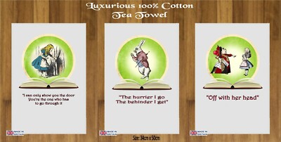 LUXURIOUS TEA TOWEL 100% COTTON ALICE IN WONDERLAND MAD HATTER CHESHIRE CAT