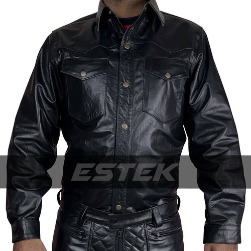 Men's Real Black Leather Police Military Style Uniform Shirt BLUF