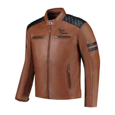 Rusty Stitches Jari V2 Motorrad Lederjacke (Cognac/Schwarz) Gr: S