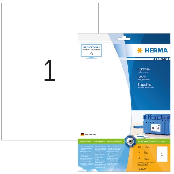 Herma 8637 Etiketten Premium A4 210X297 Mm Weiß Papier Matt 10 St.-image
