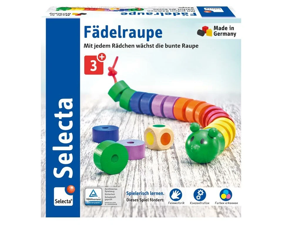 Selecta Erste Spiele Holz Farbwürfelspiel Fädelraupe 63005