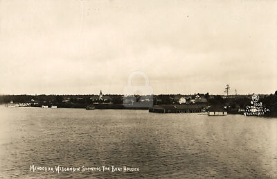 #ad Minocqua Wisconsin showing the boat houses 1913 RPPC Photo Postcard COPY $4.95