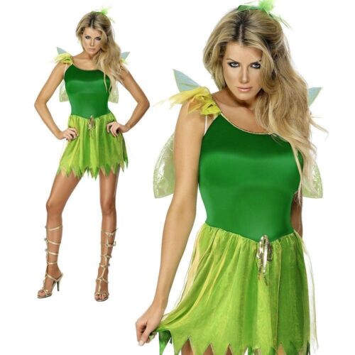 Woodland Green Fairy Tinkerbell Costume & Wings Pixie Fancy Dress Tinker Bell - Picture 1 of 3
