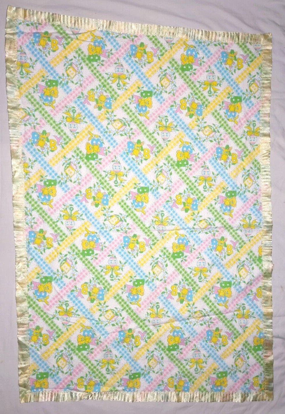 Mount Vernon Mills Vtg Baby Blanket Yellow Nylon Blue Pink Green Bear Bunny Toys