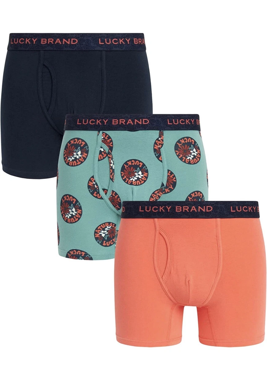 Lucky Brand 3-Stretch Boxer Briefs with Fly Pouch MED (32-34)  Navy/Green/Orange