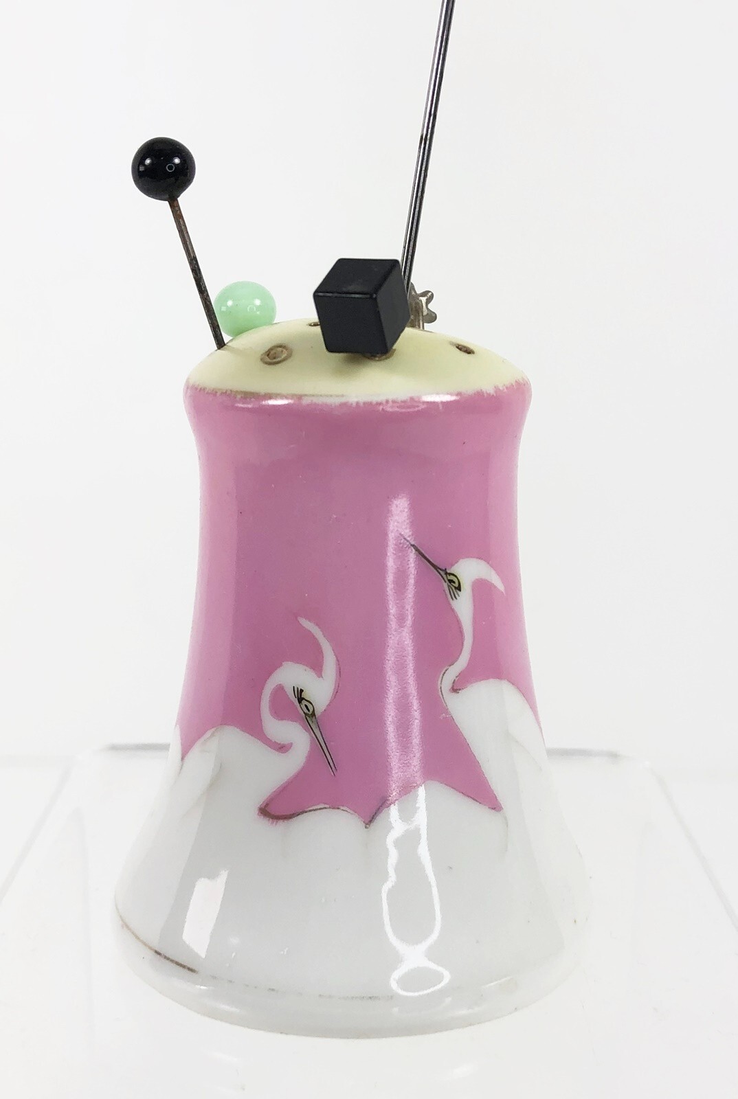 Vintage Hand Painted CRANES Hat Pin Holder with 5 Pins Variety Lengths