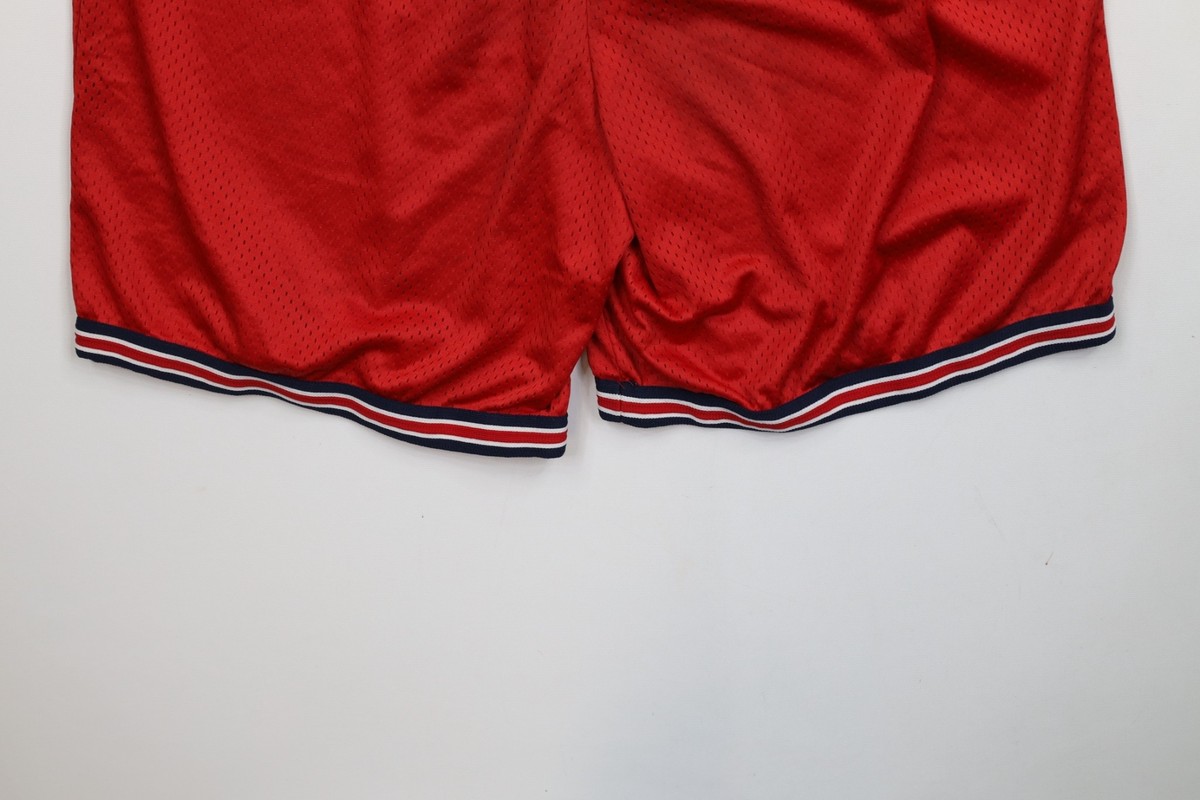 s*e様 【80s〜90s】 FILA wine red baggy short Vintage 90s Fila Mens XL Spell Out Striped Mesh Above Knee