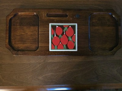 Imperial International 26in Carved Wood Tray Handles Floral Tile 2 Compart