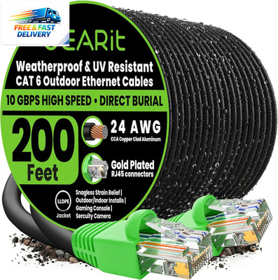 Cat6 Ethernet Cable 200Ft, Outdoor Direct Burial Cat 6 Cable 24AWG High Speed up