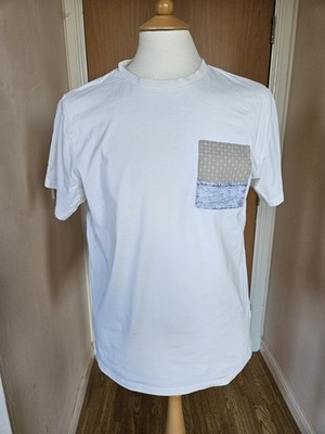 Folk White Nautical Waves Textured pocket T-Shirt M Short Sleeve Tee Top Cotton