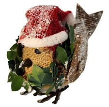 Burlap Bird with Santa Hat Ornament Rustic Winter Christmas Wreath Country