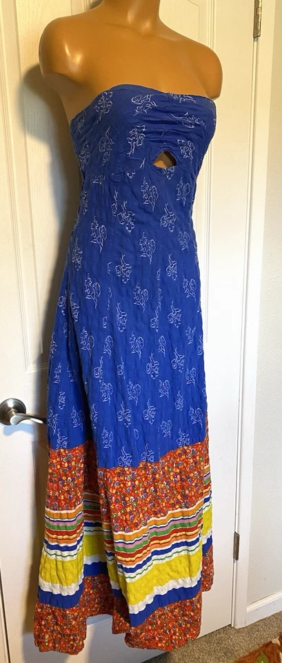 VTG 70'S BLUE FLORAL SEERSUCKER W/ CALICO & STRIPES STRAPLESS MAXI DRESS SZ M-L - Image 3 of 4