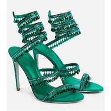 New Womens Crystal Rhinestone Tassel Plus Size Thin Heels High Heels Sandals